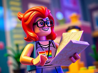 The image has a cartoonish and Lego aesthetic with a bright and colourful Lego female trans character wearing an LGBTQ+ badge and wearing glasses and wearing a dress who has vivid red neon hair smiling holding a map and looking thoughtfully up and to the left