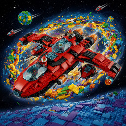 lego spyrius large flying space cruizer, red and black color, transparent dark-blue canopies
