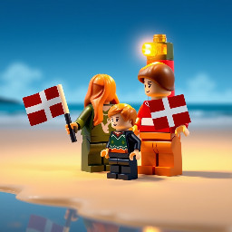 Meer , Strand,  leuchtturm,  Dänemarkflagge, Vater, Mutter, 2 Kinder,  alle dunkelhaarig und von hinten zu sehen