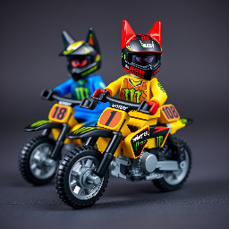 The two pilots Motocross: the red fox with the Monster Energy Kawasaki yellow and blue suit Motocross and the Monster Energy black and red helmet Motocross driving the team Monster Energy Kawasaki Motocross number 1 and the black fox with the Monster Energy Kawasaki yellow and blue suit Motocross and the Monster Energy black and blue helmet Motocross driving the team Monster Energy Kawasaki Motocross number 108.