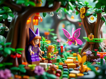 Lego-style fantasy forest with elves, fairies, and magical creatures.