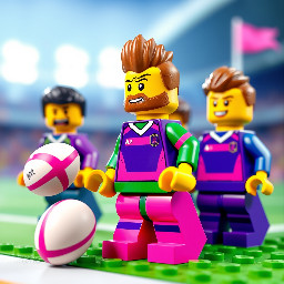 Rugby team or game with kit colours purple, green and pink