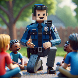 Professional police officer giving an educational talk to children outdoors, friendly and approachable expression, kneeling slightly to speak at the children’s eye level. He is wearing a modern police uniform in hexadecimal color #232439 (very dark blue with a subtle gray tone), with a visible badge and realistic accessories such as a shoulder radio and duty belt. The children are listening attentively, casual clothing, positive and respectful interaction. Park or schoolyard setting with trees in the background, soft natural daylight, photorealistic style, high resolution, sharp focus, detailed fabric texture on the uniform, warm and community-oriented atmosphere, cinematic depth of field, sense of trust and mentorship.