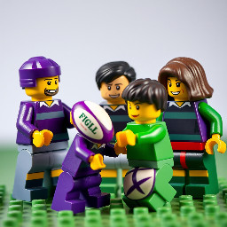 Rugby men, women, and kids having fun with kit colours dark purple and green
