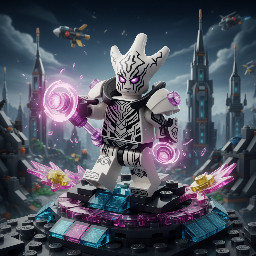 Crea una figura LEGO de Chronam-Yatt de Sendokai, estilo minifigura detallada y futurista. Personaje alienígena blanco con detalles negros en la cara, ojos brillantes morados, energía rosa translúcida alrededor de las manos y el cuerpo. Armadura elegante estilo ciencia ficción, aspecto poderoso y misterioso. Base oscura con efectos de portal temporal y energía Sen. Iluminación cinematográfica, fondo épico futurista, estilo render LEGO realista, alta calidad, ultra detallado, piezas LEGO visibles, pose dinámica de combate