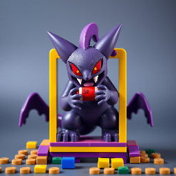 a full art Pokemon card of the Pokemon Gengar eating the frame of the card