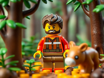 lego men character in teh forest with animal