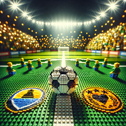 A high-impact, cinematic sports graphic celebrating a soccer match day. The scene is set on a lush, photorealistic green soccer pitch with a prominent white center line stretching toward a distant, blurred stadium filled with atmospheric floodlights and a hazy crowd. Centered on the white line is a classic, high-quality soccer ball with intricate paneling. Floating in the mid-ground are two large, circular team emblems; the one on the left is predominantly yellow and blue featuring a historic well icon, and the one on the right is orange and black featuring a heart and crown crest. The entire composition is framed by a bold, vibrant yellow border. The lighting is dramatic and epic, with a warm 'game day' glow and a soft bokeh effect on the stadium background. The perspective is a low-angle shot, creating a sense of anticipation and grandeur