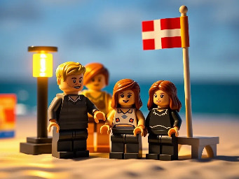 urlaubsszene, Meer , Strand,  leuchtturm,  Dänemarkflagge, familie Vater, Mutter, 2 Kinder (Junge & Mädchen)  alle dunkelhaarig