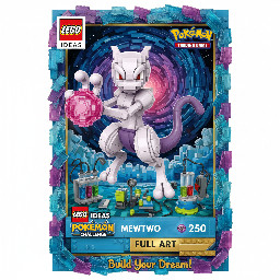 Cria a seguinte ilustração com base no que te vou indicar em baixo:  A LEGO Ideas e o Pokémon Trading Card Game acabam de anunciar um dos desafios mais incríveis: um desafio Pokémon TCG onde TU poderás criar um futuro conjunto LEGO Ideas Pokémon!     A LEGO Ideas está a trabalhar com o Pokémon TCG e a convidar os treinadores e construtores a submeterem projetos para uma carta Pokémon feita de peças LEGO, a partir de uma lista de Pokémon elegíveis.     Envia a tua criação para a página do desafio LEGO Ideas até 6 de maio de 2026, cuidado com as horas), para participar.     A equipa de revisão analisará e selecionará até 5 projetos para a Votação dos Fãs no dia 28 de maio de 2026. Os membros do LEGO Ideas poderão votar no seu projeto favorito entre 28 de maio de 2026 e 11 de junho de 2026.     Neste momento, não há informações sobre se uma carta Pokémon TCG será produzida e inserida neste futuro conjunto LEGO Ideas, mas considerando os requisitos do design, que inclui apenas um Pokémon e arte completa… acredito que poderemos estar prestes a ter a nossa primeira carta promocional Pokémon TCG em parceria com a LEGO, o que será incrível.     Eis a lista de Pokémon elegíveis: Alolan Exeggutor Arceus (Normal-type)   Ceruledge   Chandelure   Darkrai   Dragonite  Garchomp   Gardevoir   Gengar   Giratina (Origin Forme)   Greninja  Gyarados   Hawlucha   Jigglypuff   Joltik   Lucario   Luxray  Machamp   Meowth   Metagross   Mew   Mewtwo  Ninetales   Rowlet   Tinkaton   Torterra   Toxtricity   Tyranitar   Wailord   Zoroark     A tua carta deve ter uma moldura, exibindo os teus Pokémon de uma forma vibrante e criativa. Pode romper a moldura, usar a moldura como pano de fundo ou algo que nunca imaginámos. Tu és o Treinador aqui. Indicamos o tamanho da moldura, mas o resto fica por tua conta!     Dicas do Treinador     Lembra-te: a tua construção deve conter apenas um Pokémon e apenas da lista na página do desafio. Deve ser uma criação original de uma carta Pokémon Full Art (não uma réplica ou recriação de uma carta Pokémon TCG existente). O rosto do Pokémon deve estar claramente visível na metade superior da carta, com um mínimo de 400 e um máximo de 2500 peças. (Não são permitidos minifiguras)  Utiliza o Mewtwo e cria a imagem em tamanho grande