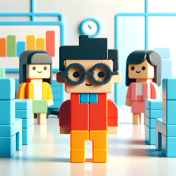 Simple Lego build depicting a bespectacled Asian boy facing two Asian ladies in an office meeting room.