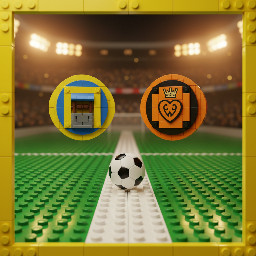 A high-impact, cinematic sports graphic celebrating a soccer match day. The scene is set on a lush, photorealistic green soccer pitch with a prominent white center line stretching toward a distant, blurred stadium filled with atmospheric floodlights and a hazy crowd. Centered on the white line is a classic, high-quality soccer ball with intricate paneling. Floating in the mid-ground are two large, circular team emblems; the one on the left is predominantly yellow and blue featuring a historic well icon, and the one on the right is orange and black featuring a heart and crown crest. The entire composition is framed by a bold, vibrant yellow border. The lighting is dramatic and epic, with a warm 'game day' glow and a soft bokeh effect on the stadium background. The perspective is a low-angle shot, creating a sense of anticipation and grandeur