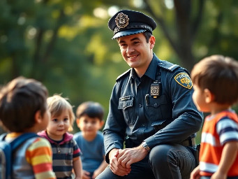 Professional police officer giving an educational talk to children outdoors, friendly and approachable expression, kneeling slightly to speak at the children’s eye level. He is wearing a modern police uniform in hexadecimal color #232439 (very dark blue with a subtle gray tone), with a visible badge and realistic accessories such as a shoulder radio and duty belt. The children are listening attentively, casual clothing, positive and respectful interaction. Park or schoolyard setting with trees in the background, soft natural daylight, photorealistic style, high resolution, sharp focus, detailed fabric texture on the uniform, warm and community-oriented atmosphere, cinematic depth of field, sense of trust and mentorship.