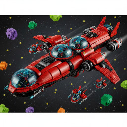 lego spyrius flying very large mothership red and black color with transparent dark-blue canopies 64 stud length, look like deep freeze defender
