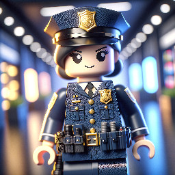 Hyper-realistic photograph of a female LEGO-style police officer minifigure, detailed and professional design. She is wearing an official uniform in hexadecimal color #232439 (very dark navy blue), with a gold badge, tactical belt with accessories, officer cap, and a serious yet friendly facial expression. The figure has the characteristic glossy plastic LEGO texture, visible joints, and classic minifigure proportions. Studio lighting, softly blurred modern police station background, high resolution, sharp focus, soft shadows, ultra-detailed 3D render, cinematic quality.