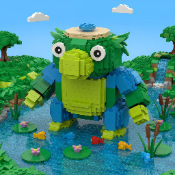big Lego Kappa (japanese yokai) with a frog nose and a tonsure in a pond