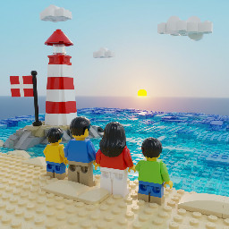 Meer , Strand,  leuchtturm,  Dänemarkflagge, Vater, Mutter, 2 Kinder,  alle dunkelhaarig und von hinten zu sehen