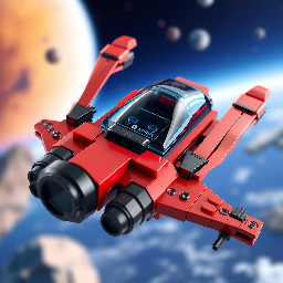 lego spyrius large flying space cruizer, red and black color, transparent dark-blue canopies