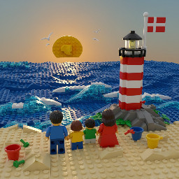 Meer , Strand,  leuchtturm,  Dänemarkflagge, Vater, Mutter, 2 Kinder,  alle dunkelhaarig und von hinten zu sehen