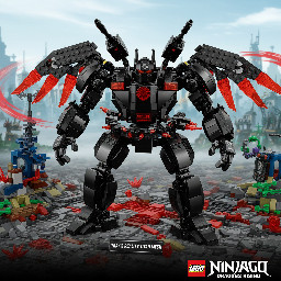 a lego ninjago dragons rising set thats a mech called trays reality titan mech with a dragon drone belt back blasters and wings its all in black and the glow is red