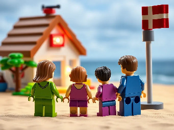 Urlaubsszene, Meer , Strand, Haus, Leuchtturm,  Dänemarkflagge, familie mit mutter, vater, sohn und tochter, alle sind dunkelhaarig und nur von hinten zu sehen