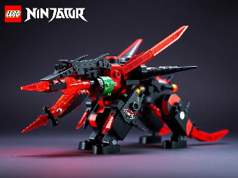 a lego ninjago dragons rising set thats a mech called trays reality titan mech with a dragon drone belt back blasters and wings and a sword and the glow is red and make 6 pictures of it