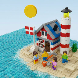 Urlaubsszene, Meer , Strand, Haus, Leuchtturm,  Dänemarkflagge, familie mit mutter, vater, sohn und tochter, alle sind dunkelhaarig
