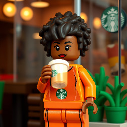 A brown coloured girl with black small afro hair drinking latte at starbucks in jogging cloth