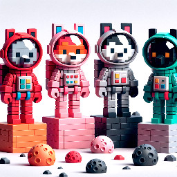 The four astronauts: the fox with the red spacesuit and the red space helmet where you can see his tail, the white fox with the pink spacesuit and the pink space helmet where you can see his tail, the wolf with the blue spacesuit and the blue space helmet where you can see his tail and the black wolf with the green spacesuit and the green space helmet where you can see his tail on the moon