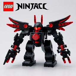 a lego ninjago dragons rising set thats a mech called trays reality titan mech with a dragon drone belt back blasters and wings its all in black and the glow is red