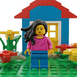 Lego de mujer con cabello largo, pantalon azul y playera rosa mexicano