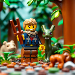 lego men character in teh forest with animal