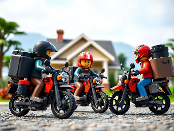 3 guys on motorbikes with backpacks and huge amount of luggage attached to the bikes. Meeting in front of a house