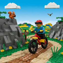 Figurine lego faisant du VTT avec un casque dans une scène de chemin de campagne avec rocher