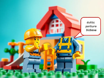 builder that invite children to build with him a playground house, in realistic lego design with out text bubbles, simpel with out many things