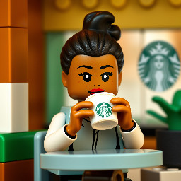 A brown coloured girl with black small afro hair drinking latte at starbucks