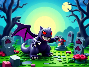 a full art Pokemon card of the Pokemon Gengar at a graveyard