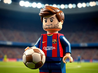 “LEGO minifigure of Pau Cubarsí, young FC Barcelona defender, wearing Barcelona home kit (blue and red stripes), realistic LEGO style, detailed face resembling Cubarsí, short brown hair, confident expression, standing on a football pitch, holding a soccer ball, stadium lights in the background, highly detailed, cinematic lighting, 4K, sharp focus” Realista