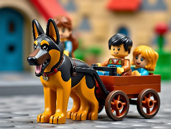 German shepherd pulling mom with two kids in wagon