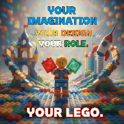 Create a lego image with the concept “Your imagination. your design. Your role” basically focusing on individualism (i.e. an individual standing and building with Lego block alone) with motivation “Your Lego”