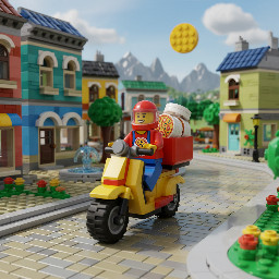 A lego pizza delivery man riding a scooter in a quiet town