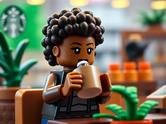 A brown coloured girl with black afro hair drinking latte at starbucks