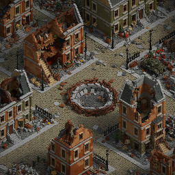A highly detailed isometric view of a devastated European city after a major war, inspired by classic early 2000s real-time strategy game environments.  A large abandoned urban intersection with narrow cobblestone streets, heavily damaged brick buildings, partially collapsed roofs, exposed interiors, shattered walls and piles of rubble. A large bomb crater surrounded by wooden construction supports and broken pavement in the middle of the scene.  Ruined multi-story European townhouses, fragments of stone staircases, broken iron fences, old street lamps, damaged sidewalks and scattered debris. A few abandoned military objects partially buried in the rubble.  Authentic World War II-era European architecture, realistic destruction, muted earthy colors, dusty gray and brown tones, weathered brick and stone textures.  **Camera and composition:** Fixed orthographic isometric camera, elevated 45-degree viewing angle, looking diagonally down at the city. Wide environmental overview showing several city blocks. No perspective distortion, no horizon, no sky.  **Visual style:** Highly detailed pre-rendered strategy game environment, realistic hand-crafted 3D assets, gritty textures, atmospheric ambient occlusion, soft overcast daylight, subtle cinematic shadows, sharp architectural details, realistic environmental storytelling.  The entire image should resemble a playable map from a classic isometric tactical strategy game.  No modern buildings, no futuristic technology, no colorful fantasy elements, no interface, no text, no HUD.