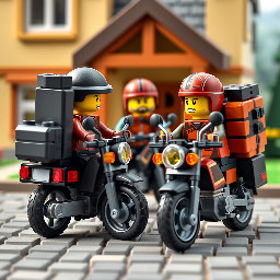 3 guys on motorbikes with backpacks and huge amount of luggage attached to the bikes. Meeting in front of a house
