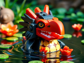 big Lego Kappa (japanese yokai) with a beak and a tonsure in a pond