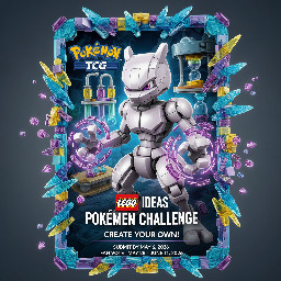 Cria a seguinte ilustração com base no que te vou indicar em baixo:  A LEGO Ideas e o Pokémon Trading Card Game acabam de anunciar um dos desafios mais incríveis: um desafio Pokémon TCG onde TU poderás criar um futuro conjunto LEGO Ideas Pokémon!     A LEGO Ideas está a trabalhar com o Pokémon TCG e a convidar os treinadores e construtores a submeterem projetos para uma carta Pokémon feita de peças LEGO, a partir de uma lista de Pokémon elegíveis.     Envia a tua criação para a página do desafio LEGO Ideas até 6 de maio de 2026, cuidado com as horas), para participar.     A equipa de revisão analisará e selecionará até 5 projetos para a Votação dos Fãs no dia 28 de maio de 2026. Os membros do LEGO Ideas poderão votar no seu projeto favorito entre 28 de maio de 2026 e 11 de junho de 2026.     Neste momento, não há informações sobre se uma carta Pokémon TCG será produzida e inserida neste futuro conjunto LEGO Ideas, mas considerando os requisitos do design, que inclui apenas um Pokémon e arte completa… acredito que poderemos estar prestes a ter a nossa primeira carta promocional Pokémon TCG em parceria com a LEGO, o que será incrível.     Eis a lista de Pokémon elegíveis: Alolan Exeggutor Arceus (Normal-type)   Ceruledge   Chandelure   Darkrai   Dragonite  Garchomp   Gardevoir   Gengar   Giratina (Origin Forme)   Greninja  Gyarados   Hawlucha   Jigglypuff   Joltik   Lucario   Luxray  Machamp   Meowth   Metagross   Mew   Mewtwo  Ninetales   Rowlet   Tinkaton   Torterra   Toxtricity   Tyranitar   Wailord   Zoroark     A tua carta deve ter uma moldura, exibindo os teus Pokémon de uma forma vibrante e criativa. Pode romper a moldura, usar a moldura como pano de fundo ou algo que nunca imaginámos. Tu és o Treinador aqui. Indicamos o tamanho da moldura, mas o resto fica por tua conta!     Dicas do Treinador     Lembra-te: a tua construção deve conter apenas um Pokémon e apenas da lista na página do desafio. Deve ser uma criação original de uma carta Pokémon Full Art (não uma réplica ou recriação de uma carta Pokémon TCG existente). O rosto do Pokémon deve estar claramente visível na metade superior da carta, com um mínimo de 400 e um máximo de 2500 peças. (Não são permitidos minifiguras)  Utiliza o Mewtwo