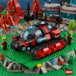 lego spyrius terraine vehicle, red and black color, transparent dark-blue canopies
