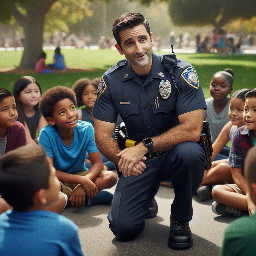 Professional police officer giving an educational talk to children outdoors, friendly and approachable expression, kneeling slightly to speak at the children’s eye level. He is wearing a modern police uniform in hexadecimal color #232439 (very dark blue with a subtle gray tone), with a visible badge and realistic accessories such as a shoulder radio and duty belt. The children are listening attentively, casual clothing, positive and respectful interaction. Park or schoolyard setting with trees in the background, soft natural daylight, photorealistic style, high resolution, sharp focus, detailed fabric texture on the uniform, warm and community-oriented atmosphere, cinematic depth of field, sense of trust and mentorship.