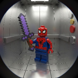 A LEGO Spider-Man minifigure holding a purple minecraft sword in a realistic elevator, Fisheye lens perspective, extreme close-up, 3D render, realistic glossy plastic texture