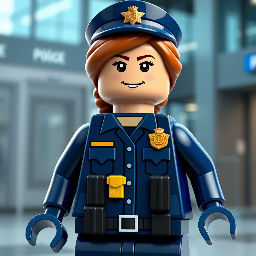 Hyper-realistic photograph of a female LEGO-style police officer minifigure, detailed and professional design. She is wearing an official uniform in hexadecimal color #232439 (very dark navy blue), with a gold badge, tactical belt with accessories, officer cap, and a serious yet friendly facial expression. The figure has the characteristic glossy plastic LEGO texture, visible joints, and classic minifigure proportions. Studio lighting, softly blurred modern police station background, high resolution, sharp focus, soft shadows, ultra-detailed 3D render, cinematic quality.